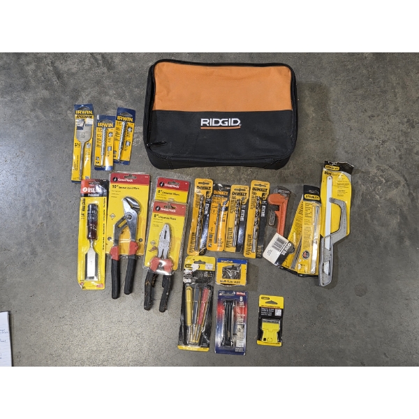 14'' Ridged Bag With All New Items Including DeWalt & Irwin Bits, New Pliers, Hacksaw & More