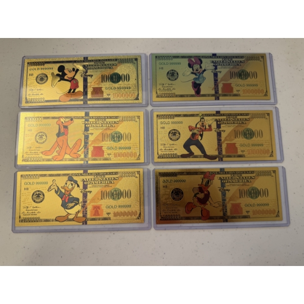Set of 6 Disney Gold Foil .999999 - 24K Gold Notes In Protective Holder - Mint Condition