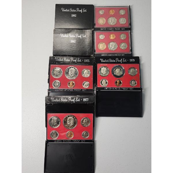Lot of 5 United States Proof Sets: 1982, 1982, 1975, 1979, 1977