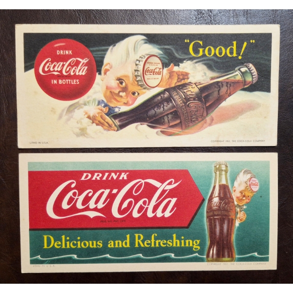 COCA COLA ADVERTISING BLOTTERS - VINTAGE 1951 & 53 10" X 4" BLOTTERS FEATURING THE FAMOUS SPRITE BOY