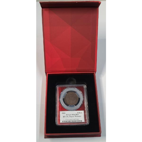 PCGS MS62BN 1841 HT-18 Daniel Webster Credit Current Hard Times Token With Special EDC Insert & Box