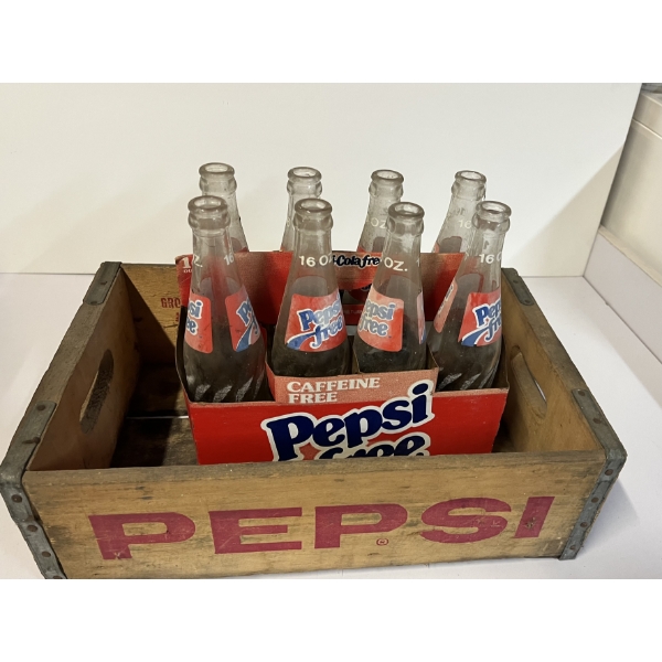 Vintage Pepsi Free Soda Bottles with Pepsi Crate