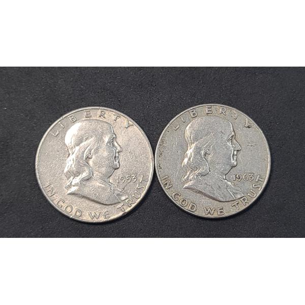 United States 1953-D & 1963-D Franklin 90% Silver Half Dollars