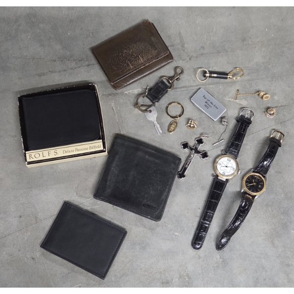 Two Watches, Leather Wallets, Money Clip, Key Rings And More!