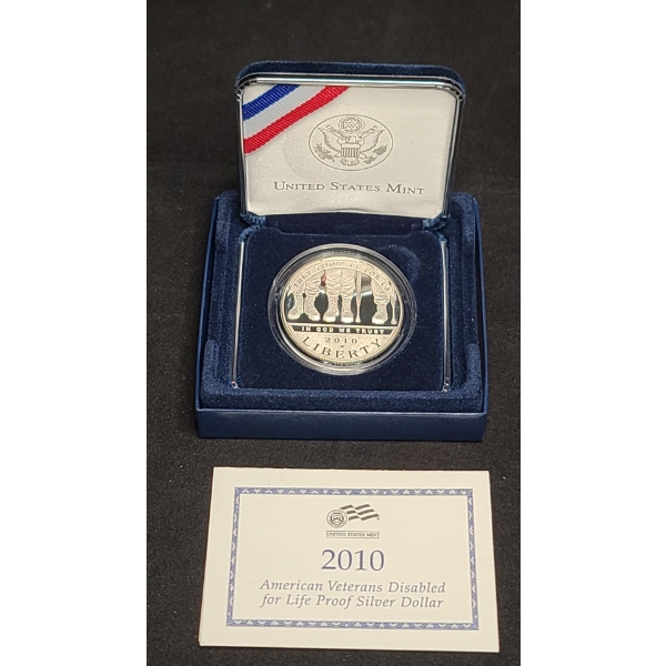 2010-W U.S Mint American Veterans Disabled For Life Commemorative 90% Silver Proof Dollar With COA
