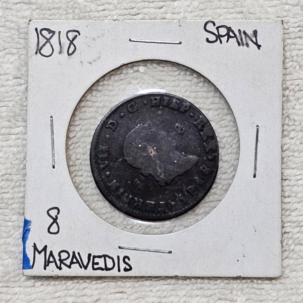 1818 Spanish 8 Maravedis 100% Pure Copper Coin