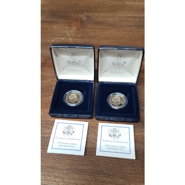 (2) 1999 Susan B. Anthony Proof Dollar Coins W/ COA's