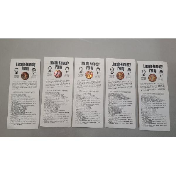 (5) Uncirculated 1974 Third Party Counterstamped Lincoln-Kennedy Novelty Pennies