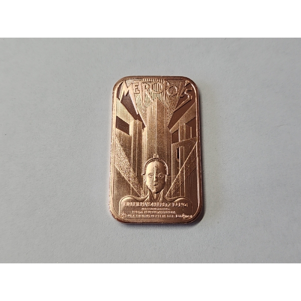 1 AVDP Ounce .999 Fine Copper Bar Ft. Metropolis Movie Poster Design - Mint Condition