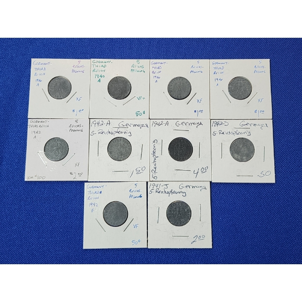 x10 Assorted Wartime Years & Mintmark Germany 5-Reichspfenning Coins Including XF & VF