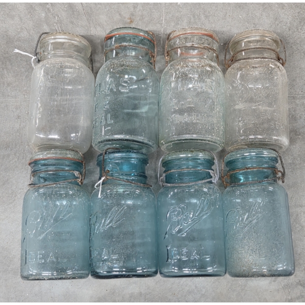  Excellent Condition, Eight 8'' Glass Jars With With Wire Bails & Glass Lids