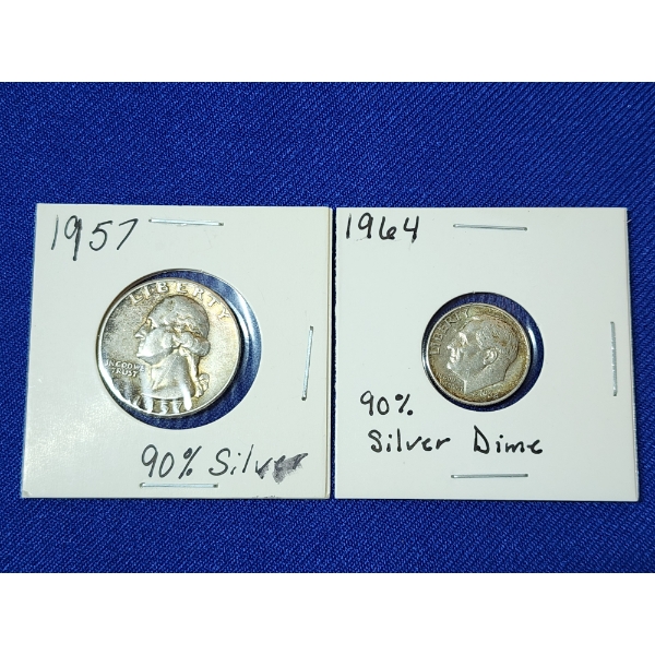 2 U.S. 90% Silver Coins: 1957 Washington Quarter & 1964 Roosevelt Dime 