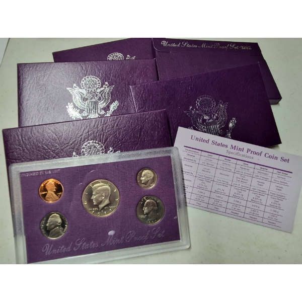 UNITED STATES COINS - PROOF SETS IN MINT PACKAGING - 5 Qty - 1989 THRU 1993 ALL SEALED
