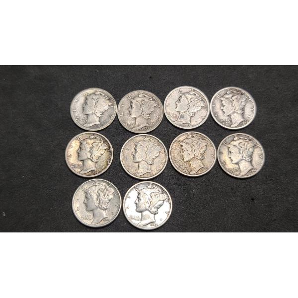 Assorted Years/Mint Marks 90% Silver Mercury Dimes - Face Value: $1.00