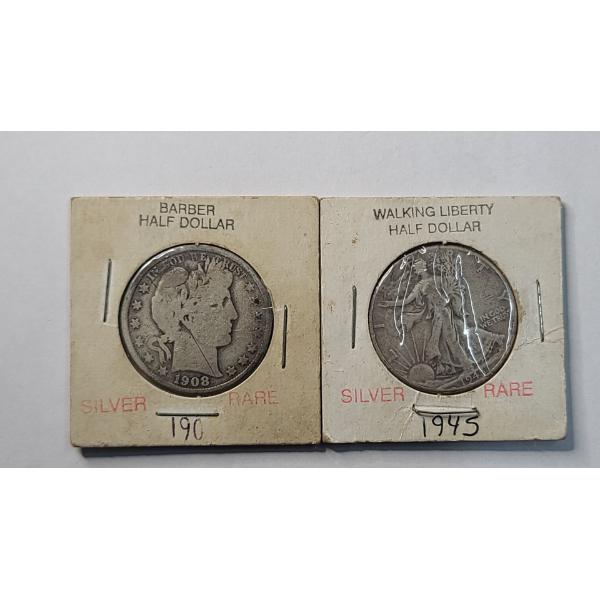 U.S 1906-D 90% Silver Barber Half Dollar & 1945 Walking Liberty Half Dollar - Face Value: $1