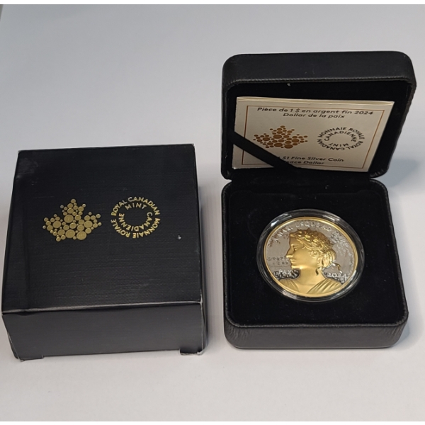 2024 Royal Canadian Mint 1 Troy Oz .9999 Pure Silver With Gold Plating Peace Proof Dollar