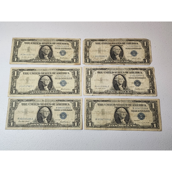 x6 Assorted Years United States $1 Silver Certificates FV: $6.00