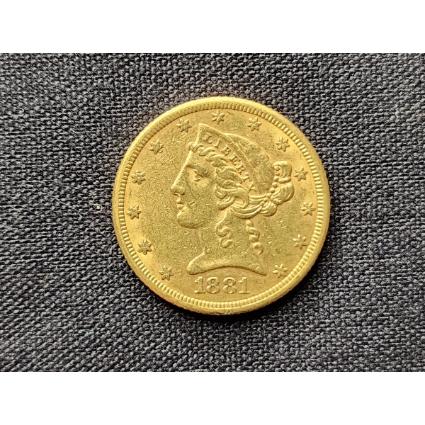 1881 United States Gold $5 Coin - AGW: 0.2419 Oz