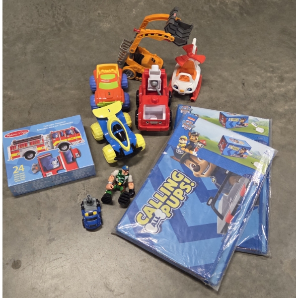 Two New Paw Patrol Toy Storage Boxes, And Collection Of Toddler Trucks