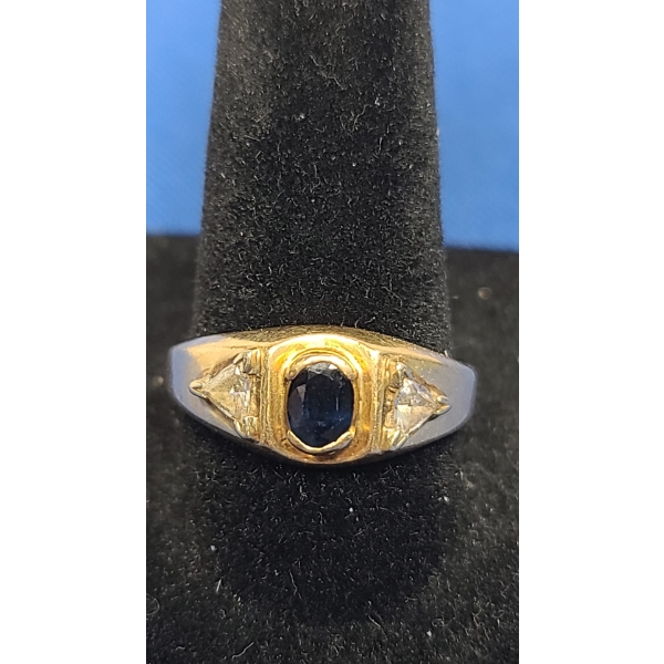 Tests As 14K Gold Sapphire & Trillion Diamond Ring - Size 8.5 - Weight: 3.7g