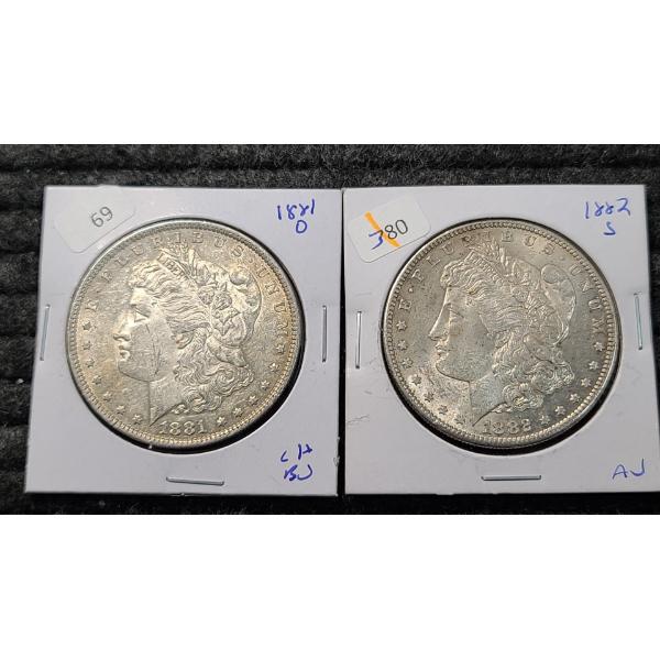 (2) 1881-O & 1882-S 90% Silver Morgan Dollars