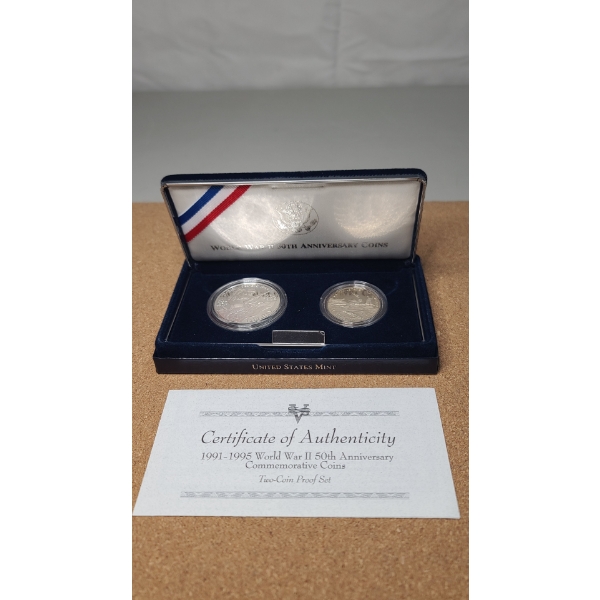 1991-1995 World War II 50th Anniversary Commemorative Coins Two-Coin Proof Set With Silver