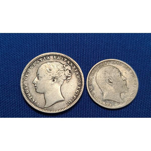 1876 Queen Victoria British One Shilling Silver Coin & 1908 King Edward VII British Silver Sixpence