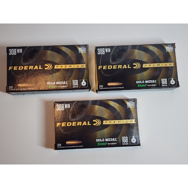 3 Full Boxes of Federal Premium Gold Medal 308 Winchester Ammunition - 60 Rounds Total