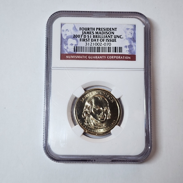 2007-D James Madison $1 Presidential Coin - FDOI - NGC Brilliant Uncirculated