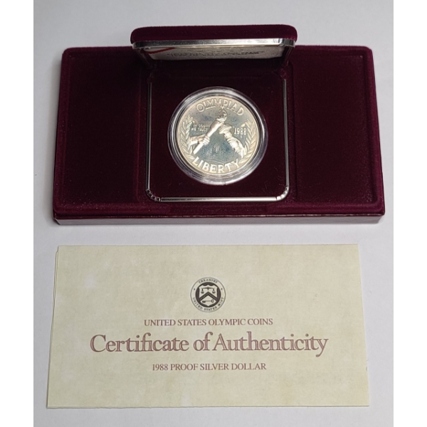 1988-S United States 90% Silver Olympic Torch Seoul Korea Commemorative Proof Dollar 
