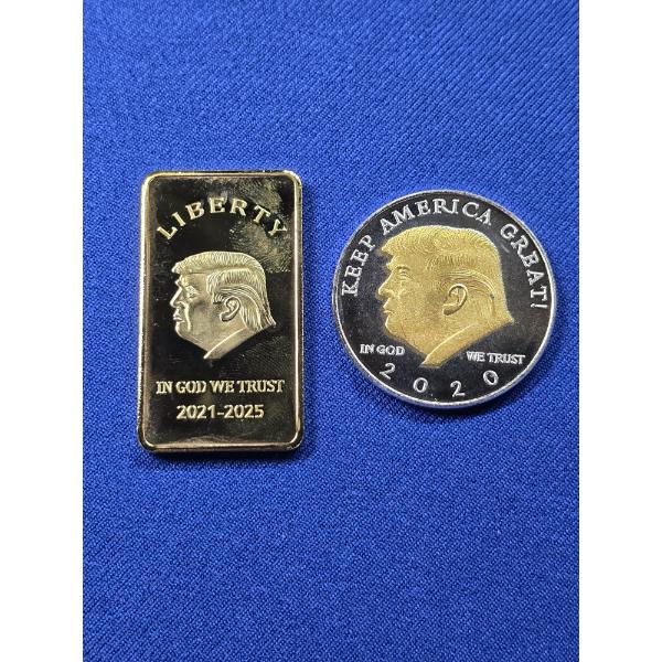 Limited Edition! 2021-2025 Donald Trump Gold Plated Bar & 2020 Gold Plated Challenge Coin