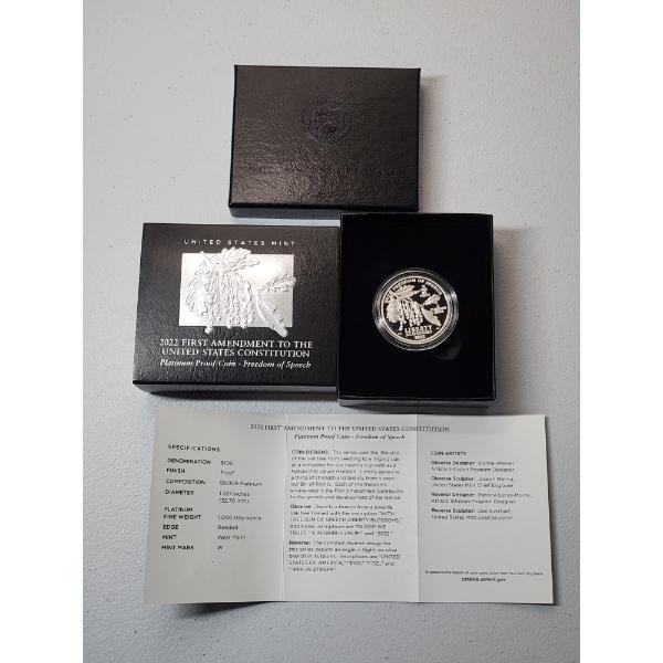 2022 First Amendment to the U.S. Constitution $100 1 Troy oz .9995 Platinum Proof Coin 