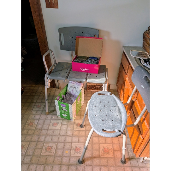 Two Bath/Shower Chairs, Face Masks, & Bath Sponges