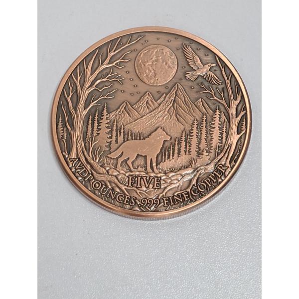 5 AVDP Ounces - .999 Fine Copper Round - Wolves & Moon - Encapsulated