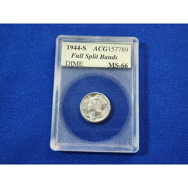 ACG MS 66 1944-S Mercury 90% Silver Dime Full Split Bands