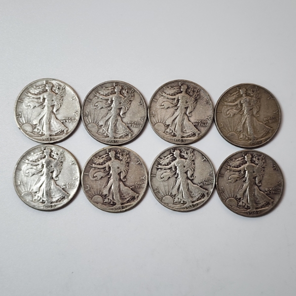 Eight Assorted Years United States 90% Silver Walking Liberty Half Dollars - Face Value: $4.00