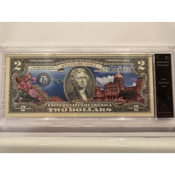 2003 United States Jefferson IOWA $2.00 Bill In Hard Case Holder - Mint Condition - RARE
