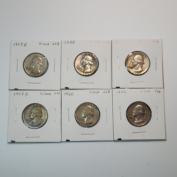 Six Assorted Years 90% Silver United States Washington Quarters FV: $1.50
