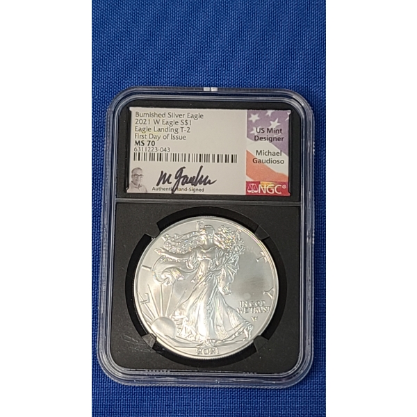 2021W NGC Eagle Landing T-2 First Day Of Issue MS 70 Burnished 1 oz Silver American Eagle -Signed