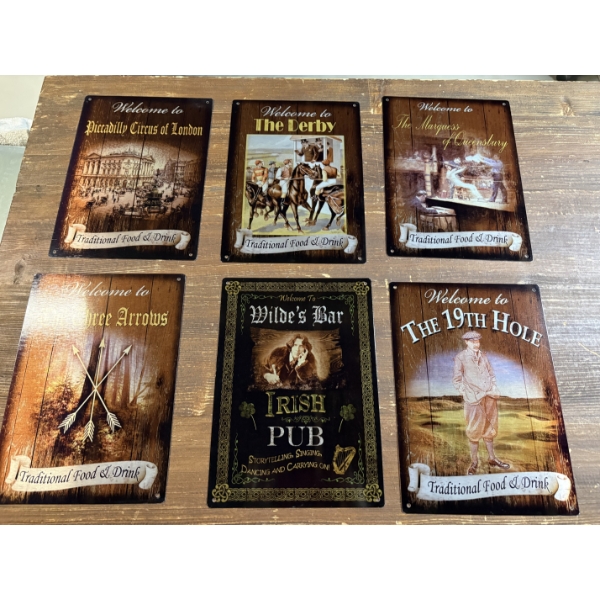6 Tin 12''x9'' Decorative Welcome Signs - The Derby - 19th Hole - Irish Pub & More