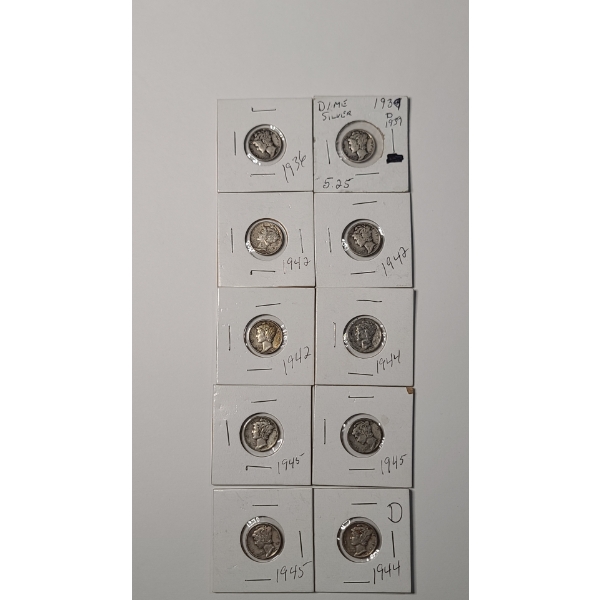 
Assorted Years/Mint Marks Mercury 90% Silver Dimes - Face Value: $1.00