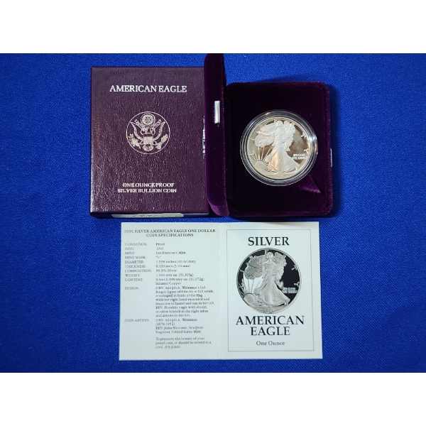 1991-S Silver American Eagle Proof $1 - 1 Troy oz .999 Fine Silver w/ Box & CoA