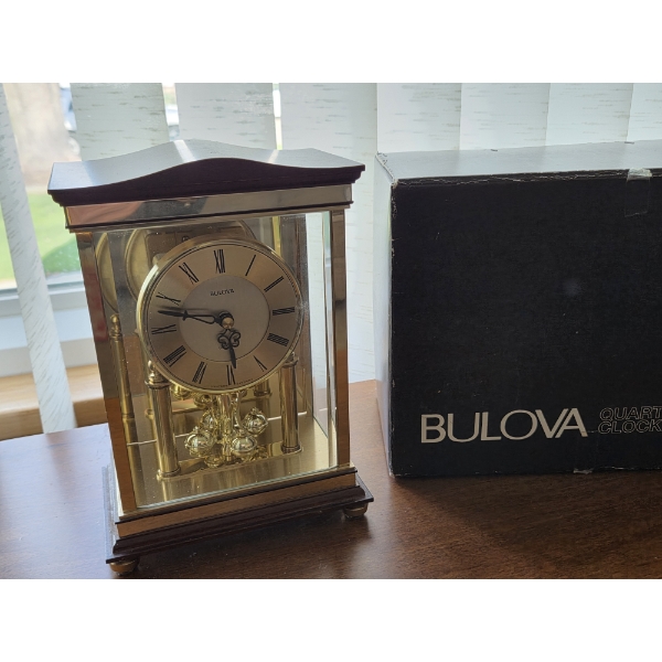 PICKUP IN CANTON - Bulova Brass And Walnut 8''x5'' Table Clock In Beautiful Condition 