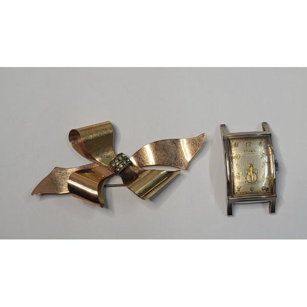 Gruen Curvex Precision 17 Jewel Wristwatch With Gold Filled Cased & Gold Taylord Filled Bow Brooch