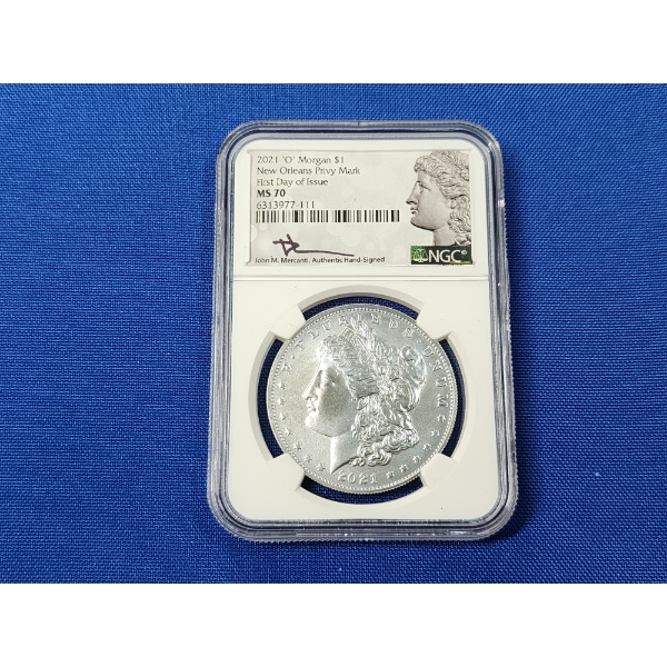 2021 "O" Morgan Silver Dollar - .999 Silver! - FDI - Signed by Mercanti - Graded by NGC MS 70