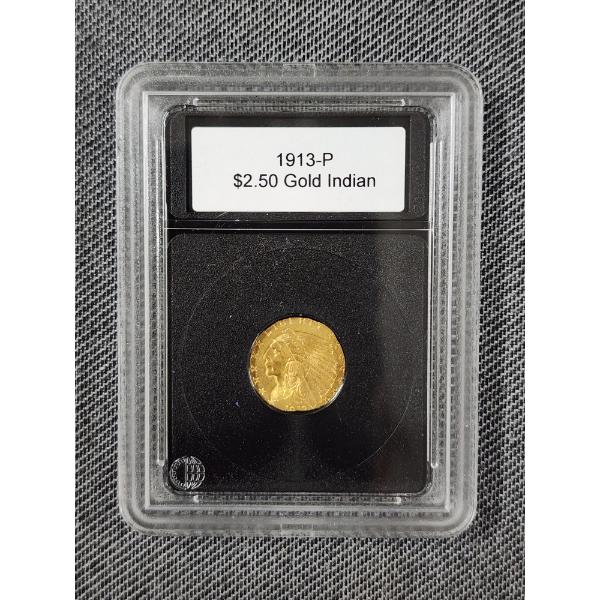1913 United States $2.50 Gold Indian Coin Minted by Philadelphia Mint in Slab ~ AGW: 0.121 Oz