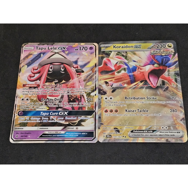 Koraidon EX 120/162 and Tapu Lele GX 60/145 Rare Vintage Pokemon Trading Cards