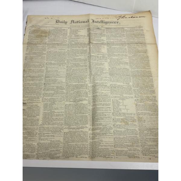 Daily National Intelligence Newspaper Article December 8, 1849, with Certificate of Authenticity