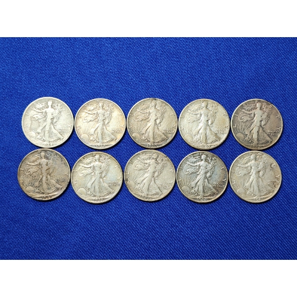x10 Assorted Years 90% Silver Walking Liberty Half Dollars FV: $5.00