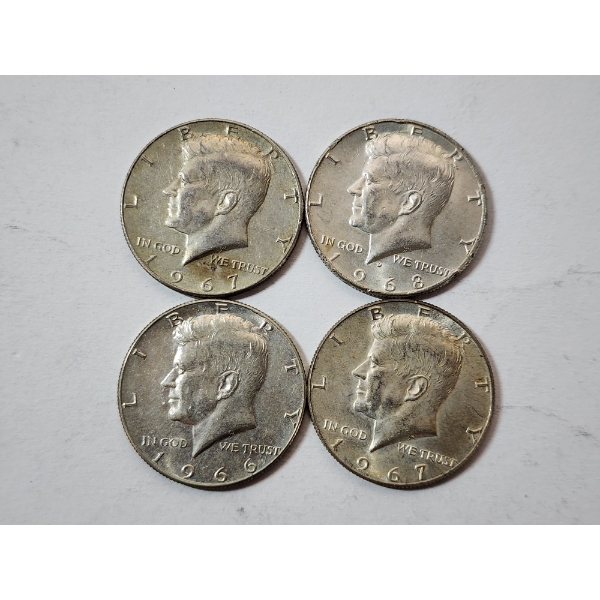 Four Assorted Years 40% Silver Kennedy Half Dollars FV: $2.00